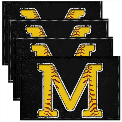 Erosebridal Initial Letter M Placemats 12x18 inch Set of 4 Baseball Monogrammed Place Mats for Dining Table | Red Lace Seam Table Place Mats Softball Sports Yellow Black Scratch Proof Placemats - color: Yellow M