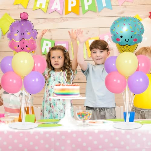 Ice Cream Party Balloons Stand Kit 2 Sets with 2 Macaron Ice Cream Foil Balloons Pastel Sweet One Birthday Balloon Centerpiece for Tables for Girl Birthday Valentine's Day Baby Shower Party Decoration - style: Ice Cream