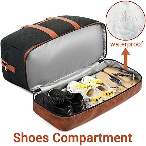 Weekender Bag for Women, Large Overnight Bag Canvas Travel Duffel Bag Carry On Tote with Shoe Compartment 21" 3Pcs Set - color: A12-brown+black