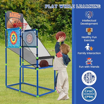 GLACER Kids Basketball Arcade Game, Indoor/Outdoor 2-in-1 PVC Hoop Set with Electronic Scoreboard & Sound, 8 Sticky Balls, 2 Basketballs, ASTM-Certified Basketball Game Toy for Ages 3+