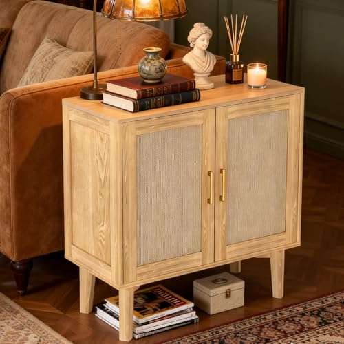 Buffet Sideboard Storage Cabinet with Rattan Decor Doors Solid Wood Feet, Multifunctional Accent Unit with Spacious Tabletop and Inner Shelves for Dining Room Kitchen - Easy Assembly