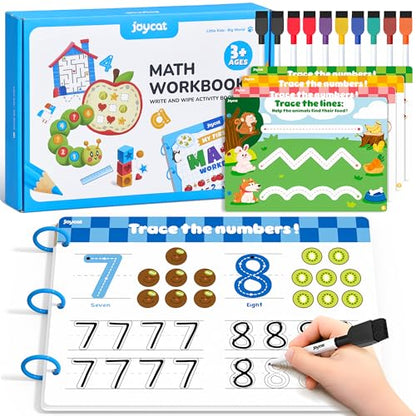 JoyCat Math Busy Book for Toddlers — Reusable Preschool Workbook with 10 Dry-Erase Markers, Number Tracing & Counting Activity Book for Kids Ages 3–8, Kindergarten Learning Activities, Travel-Ready - style: 5. Math