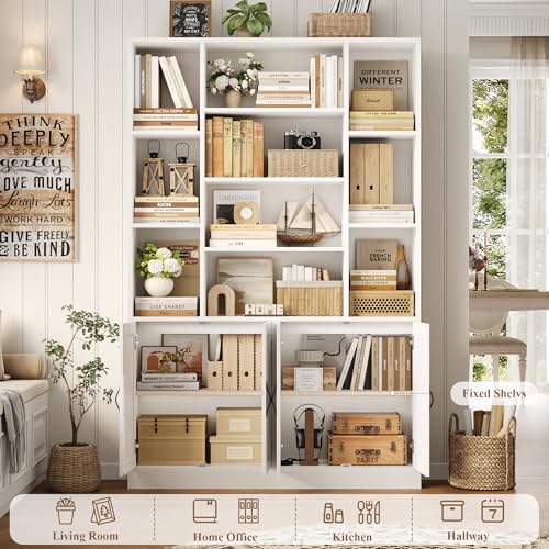 HOSTACK 72” Tall Book Shelf and Bookcase, White Bookshelf with Storage Cabinet, 45” Wide Bookcase with 4 doors, Standing Display Shelves, Modern Farmhouse Book Case for Living Room, Home Office, White - color: White