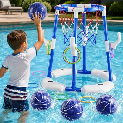 JUKUDAHU Pool Basketball Hoop, Boy Pool Toys for Kids Ages 4-8, 2-in-1 Floating Pool Ring Game with 4 Balls and Pump, Outdoor Swimming Water Play Toy, Summer Water Toys for Kids Adults Age 3-12 - color: Blue