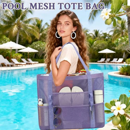 GYEUKHAM Mesh Beach Bag for Women, Sand-Resistant Pool Tote, 9 Pockets (1 Inner Zip), Foldable Family Travel Essentials - color: L-purple