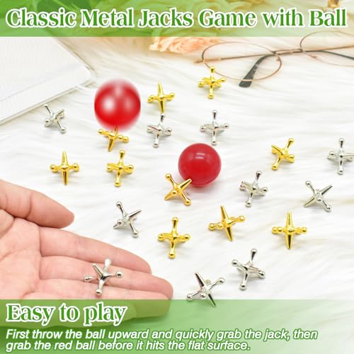 ZeeDix Jacks Game and Pick Up Sticks, 60 Pcs Sticks and 20 Pcs Metal Jax with 2 Pcs Red Rubber Balls, Gold and Silver Metal Jacks, Classic Fun Game Gift of Jacks for Family - style: 2 Set