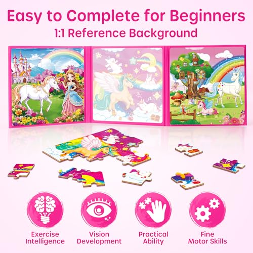 SYNARRY Unicorn Princess Fairy Magnetic Puzzles for Toddlers 3-5 Girls, 20 Pieces Travel Puzzles for Kids Ages 4-6, Easter Basket Stuffers for Kids, Car Airplane Road Trip Activities Magnet Games Toy - style: Unicorn