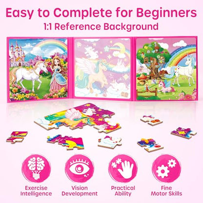 SYNARRY Unicorn Princess Fairy Magnetic Puzzles for Toddlers 3-5 Girls, 20 Pieces Travel Puzzles for Kids Ages 4-6, Easter Basket Stuffers for Kids, Car Airplane Road Trip Activities Magnet Games Toy - style: Unicorn