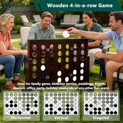 ApudArmis Wooden 4 in a Row Game, Classic Wooden 4-to-Score Game Set with Coins & Carrying Bag-Indoor Outdoor Games for Adults Family