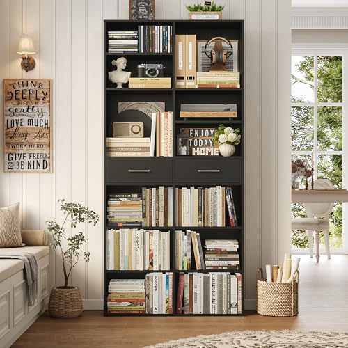HOSTACK 73" Tall Bookshelf with Drawers, 7-Tier Black Bookshelf with Storage, Double Wide Bookcase with 14 Open Book Shelves, Wood Book Case with Adjustable Shelves for Media CD DVD Storage, Black - color: Black