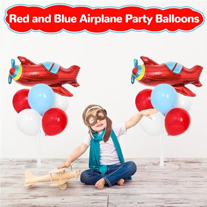 Airplane Birthday Party Balloons Stand Kit 2 Sets with 2 Plane Helicopter Foil Balloons Red Blue White Balloon Centerpiece for Tables for Adventure Time Flies Birthday Baby Shower Party Decoration - style: Airplane