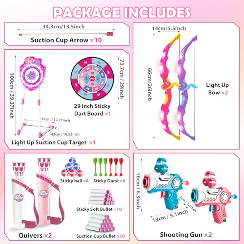 VATOS 2 Pack Bow and Arrow Toy with LED Light - 4 in 1 Archery & Dart Game Set with 20 Suction Cup Arrows, Mermaid Glow Target & Dart Board - Indoor/Outdoor Birthday Gift for Kids Boys Girls Ages 5-12 - color: Pink