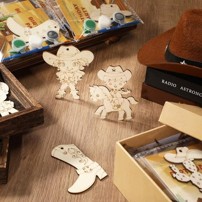 Saypacck 24 Pcs Western Cowboy Party Favors Wooden Painting Craft Kits Birthday Party Supplies with Organza Bag for Goodie Bags Fillers Adult Thank You Gifts - style: Western Cowboy
