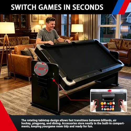 Pool Table Dining Table Combo with Ping Pong & Air Hockey Table, 7ft 4-in-1 Multi Game Table, Convertible Billiard Table for Adults Outdoor/Indoor