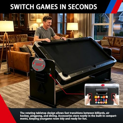 7FT Pool Table Air Hockey Table Ping Pong Table Dining Table Combo,4in1 Multi Game Table with Easy Flip Top,Billiards Table Tennis Set High-Performance Airflow Accessories for Indoor/Outdoor use.