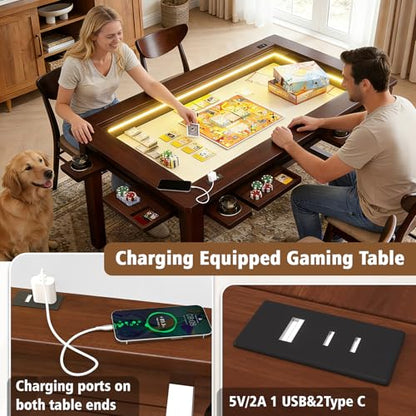 Haddockway Solid Wood Board Game Table with Colorful Led Lights, Dining/Gaming Table for 4-6 Players with Charge Station,Removable Top, Play Mat, 6 Cup Holders & Trays (Warm Walnut) - color: Solid Wood Blackwalnut With Led Light