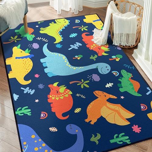 Cute Cartoon Dinosaur Rug for Bedroom 59"x39" Bedroom Playroom Decor for Kids Lovely Dinosaur Animal Pattern Carpet Blue Rug Non-Slip Washable - color: Dinosaur01, size: 3'3"x 5'