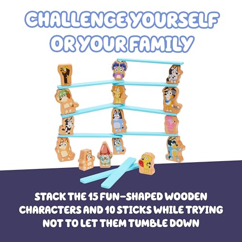 Bluey Stacking Game – Spin, Balance & Play with 15 Fun Character Pieces & Sticks, Exciting Wooden Stacking Game for Kids, Toddlers & Families Ages 3+ - style: Stacking Game