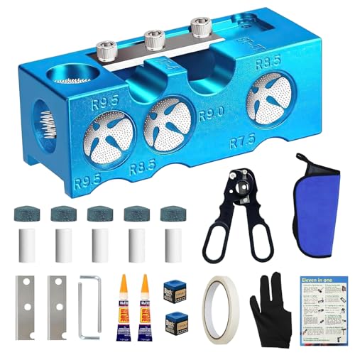 11-in-1 Pool Cue Tip Repair kit, Professional All-in-One Pool Stick Tip Tool for Shaping, Replacement, Maintenance. Tips Shaper & Scuffer kit, Pool Cue Trimmer (Blue Aluminum)