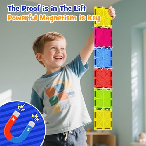 Jumbo Magnetic Tiles with Secure Metal Case, 32 Pcs Large Magnetic Building Blocks for Kids 3-8, STEM Toys for Toddlers, Preschool Learning Montessori Toys, Age 3+ Boy Girl Gift - size: Large