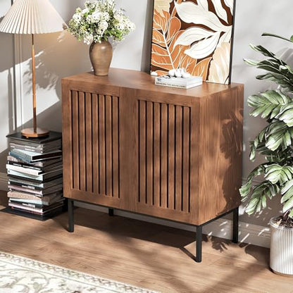 BVIUNTWO Modern Storage Cabinet with Slatted Doors,Sideboard Buffet Cabinet with Adjustable Shelf and Metal Legs for Kitchen,Dining Room,Living Room,32 Inch,Brown - size: 32 Inch
