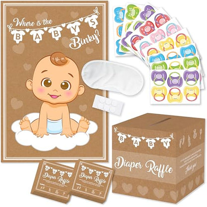Party Hearty Pin the Pacifier & Diaper Raffle Baby Shower Games | 2 Game Set, Any Gender, Pin the Pacifier on the Baby, 50 Pcs Diaper Raffle Tickets with Box, Bring a Pack of Diapers to Win - color: Kraft - Pin the Binky & Raffle