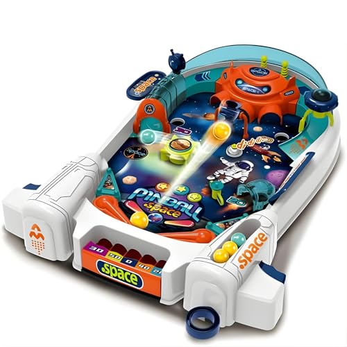 Space Pinball Machine — Tabletop Arcade Game with Obstacles, Pull-Rod Launcher, Flippers, UFO Targets & Astronaut Theme, 1-2 Player Mini Pinball for Kids - style: Space Pinball