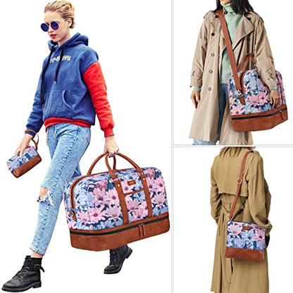 Weekender Bag for Women, Large Overnight Bag Canvas Travel Duffel Bag Carry On Tote with Shoe Compartment 21" 3Pcs Set - color: A10-brown+blue flower
