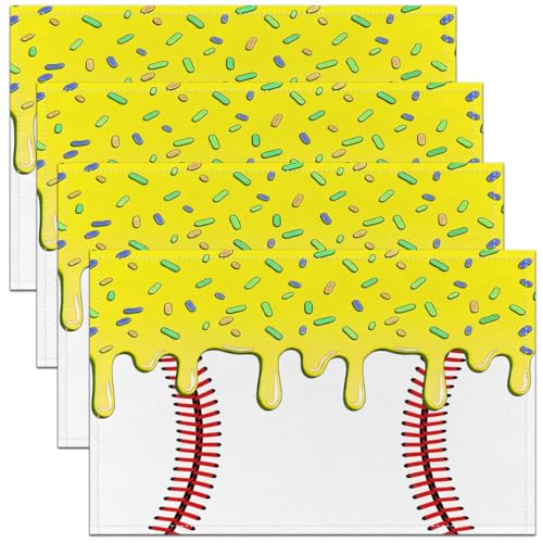 Castle Fairy Ice Cream Drip Baseball Kids Placemats Set of 4,Baseball Bat Player Fan Table Place Mats,Ball Sport Competition Fashion Kitchen Decor,Yellow Placemat Kitchen Table Decoration 12"x18" - color: White Yellow