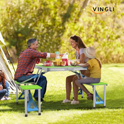 VINGLI 4Ft Portable Folding Picnic Table Camping Table Foldable Set with 4 Seats with Umbrella Hole Suitcase Card Table-220 Lbs Support Aluminum Frame, Plastic RV Tabletop for Yard, Travel-Black - color: Green