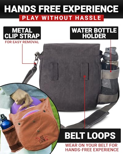 Disc Golf Bag | Frisbee Golf Bag | Easy to Carry | Lightweight Fits Up to 10 Discs | 16 oz Waxed Canvas Sturdy Design | Belt Loop | Double Button Design | Bottle Holder - style: Waxed Canvas - Grey