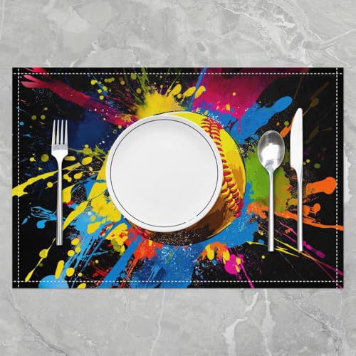 Baseball Games Tie Dye Table Placemats Set of 4,Softball Game Tie Dye Place Mats 12x18 Inch for Kitchen Table,Ball Games Sports Washable Mats Suitable for Restaurant - color: Blue Yellow