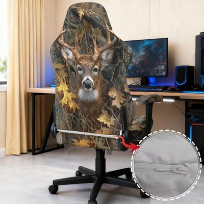Suobstales Deer Hunting Camo Leaves Pattern Gaming Chair Cover, Removable Office Chair Cover with Zipper, Stretch Anti-dust Universal Washable High Back Computer Seat Protector for Pets - color: Deer Hunting Camo Leaves