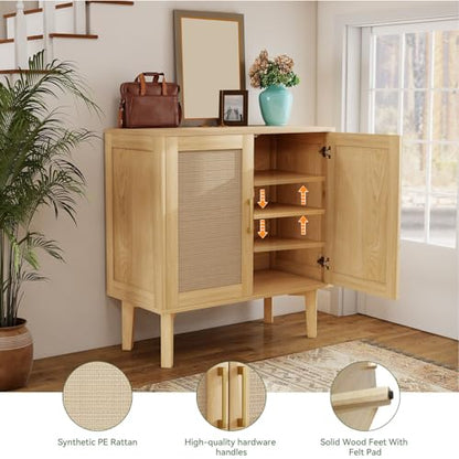 Buffet Sideboard Storage Cabinet with Rattan Decor Doors Solid Wood Feet, Multifunctional Accent Unit with Spacious Tabletop and Inner Shelves for Dining Room Kitchen - Easy Assembly