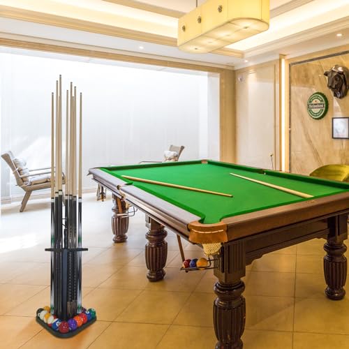 Pool Cue Rack Floor Stand | Wood Billiard Stick Holder & Game Room Organizer | Holds 9 Cues, Full Ball Set & Accessories | Classic Triangle Design for Stability & Style | Easy Assembly