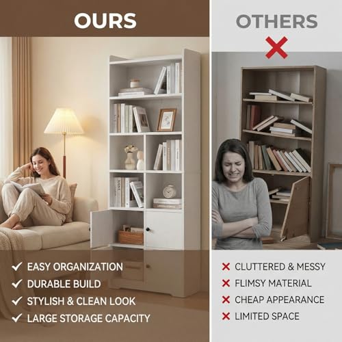 IRONCK Bookshelf with Doors, Book Shelf with Storage Shelves, 74.6 in Tall Bookcase for Home Office, Living Room, Bedroom, White - color: White