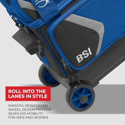 BSI Dash Roller Bowling Bag with Smooth Rolling Wheels, Padded Ball Compartment, Retractable Locking Handle, & Shoe Pocket - color: Black/Blue/Gray, style: Single