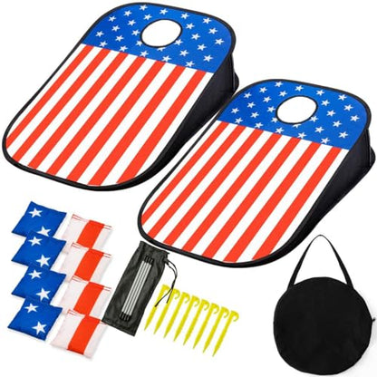 Portable Cornhole Board Set with Carrying Case and 8 Bean Bags for Indoor and Outdoor Use, American Flag Theme, 3 x 2 Feet, Red White Blue, TG-USA-1