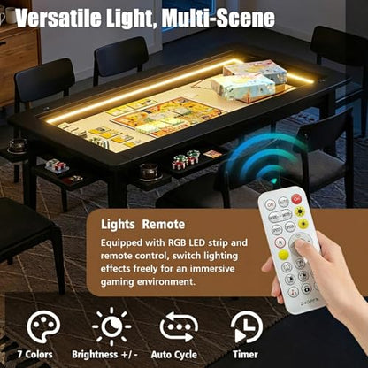 Haddockway Solid Wood Board Game Table with Colorful Led Lights, Dining/Gaming Table for 4-6 Players with Charge Station,Removable Top, Play Mat, 6 Cup Holders & Trays (Black) - color: Solid Wood Black With Led Light