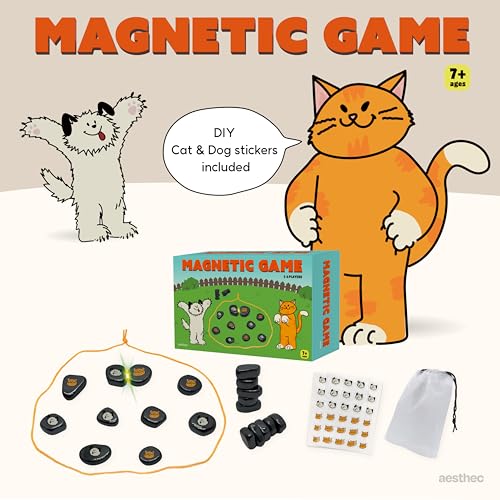 Magnet Chess Game with Cat & Dog Theme– Multiplayer Magnetic Stone Game Set | Strategy Puzzle Board Game for Kids & Adults, Educational Travel Fun for Family, Portable Tabletop Set with 24 Stones & Rope