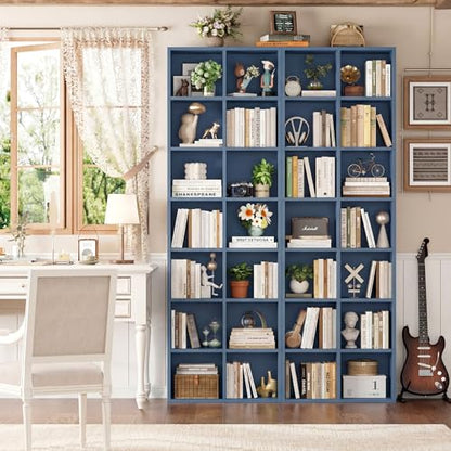 FOTOSOK 71'' Tall Bookshelf with 14 Cubes, 7 Tier Double Wide Bookshelf with 6 Adjustable Shelves, 19.6" Narrow Bookcase DVD/CD Media Storage Shelf, Space Saving Display Shelf Cabinet, Blue - color: Blue