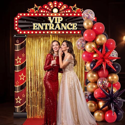 Peryiter 122 Pcs Movie Night Party Decorations VIP Entrance Backdrop Banner Set Red & Black Foil Fringe Curtain Balloon Arch Kit Movie Themed Supplies for Birthday Film Premiere - style: Movie Night