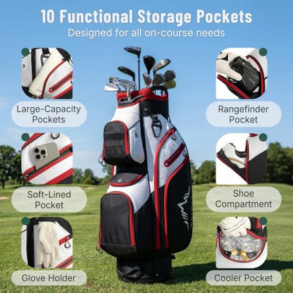 uniHimal Golf Cart Bag, 15 Way Organizer Divider Top with Handles | 15 Separate Compartments,Extra Storage Pockets,Rain Cover,Comfortable carry handles,Tough Abrasion‑Resistant Materials - color: Black-White
