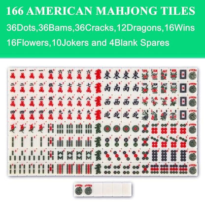 Travel American Mahjong Tile Set, 166 PCS 0.8 Inch Mini Mahjong Game Tiles, 4 Wooden Racks, Floral Storage Bag, 3 Dice & Beginner's Guide, Complete Portable Set