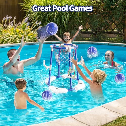 Sitodier Pool Basketball Hoop for Kids, 2-in-1 Floating Pool Water Play Toys and Ring Game with 4 Balls and Pump, Outdoor Summer Swimming Pool Basketball Games Family Party for Kids Adults (Blue)