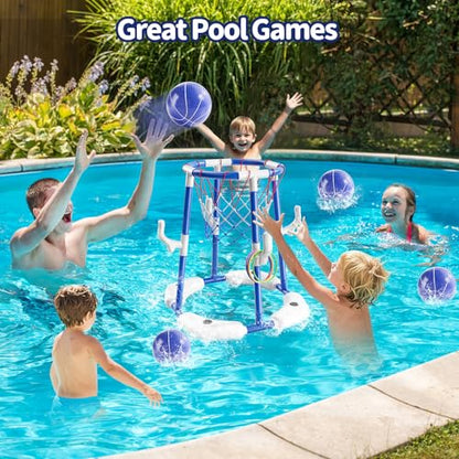 Sitodier Pool Basketball Hoop for Kids, 2-in-1 Floating Pool Water Play Toys and Ring Game with 4 Balls and Pump, Outdoor Summer Swimming Pool Basketball Games Family Party for Kids Adults (Blue)
