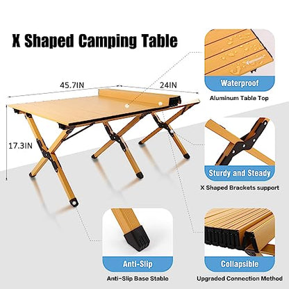 Rollingsurfer Folding Camping Table, Lightweight Roll-Up Table Aluminum Low Portable Picnic Table with Easy Carrying Bag for Outdoor, Beach, Picnic, Backyards, BBQ and Party, 45.2"L x 23.6"W x 17.3"H - size: 45.2inch