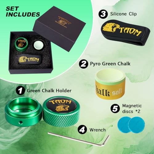 TAOM Upgrade Pool Chalk Holder Round Shaped Practical Tool Billiards Accessories Magnetic Mini Chalk Tip Case Container Round Box Billiards,Cue Tip Tool Scuffer Shaper - color: 1-Gift Set-Green with Pyro Green