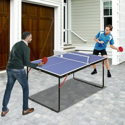 4.5ft Foldable Table Tennis Table Set with Steel Frame, Quick Assembly 54''X30'' Stable Ping Pong Table with Net, 2 Paddles & 3 Balls for Indoor Outdoor Family Game for Adults/Teens, Blue