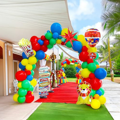 117PCS carnival circus Balloon garland kit with Red Blue Yellow Teal and Lion & Popcorn & Hot Air Balloon and Link Balloons for cartoon clown Theme birthday Party Decorations